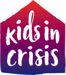 the words 'kids in crisis' inside a house shape with a red and purple color gradient