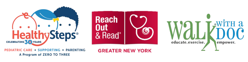 logos for healthysteps, reach out and read, and walk with a doc