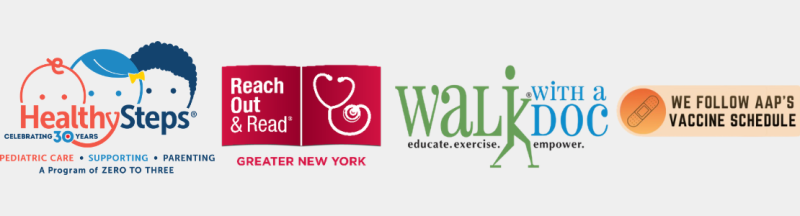logos for healthysteps, reach out and read, walk with a doc, and we follow aap vaccine schedule
