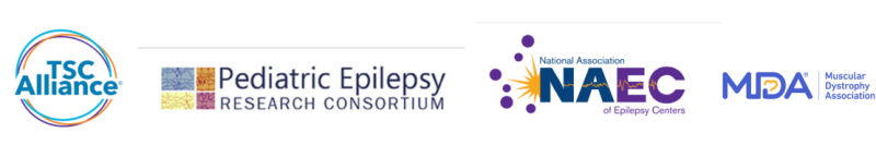 logos for tsc alliance, pediatric epilepsy research consortium, national association of epilepsy centers, and muscular dystrophy association