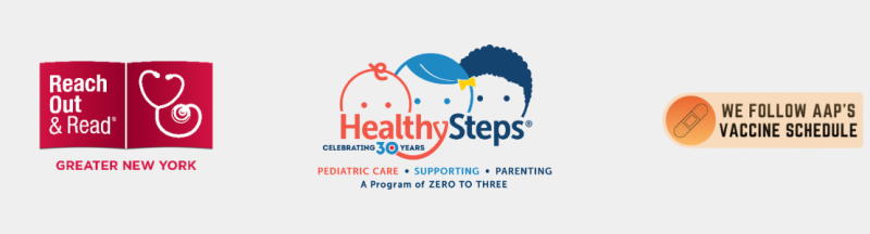 logos for HealthySteps, Reach Out and Read, and we follow the AAP vaccine schedule