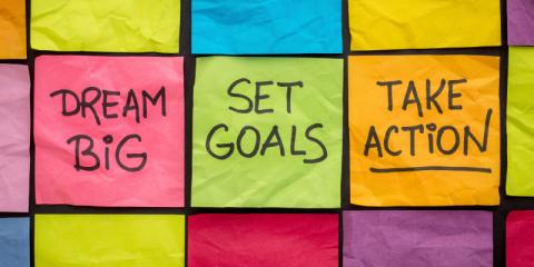  sticky notes that read "dream big," "set goals," and "take action"