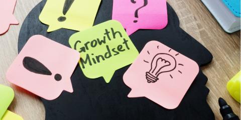 sticky notes that read Growth Mindset and contain exclamation points, question marks, and a sketch of a lightbulb